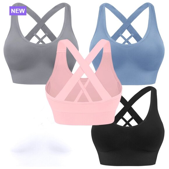 Padded Medium Support Sports Bra Criss Cross Strappy Seamless High Impact